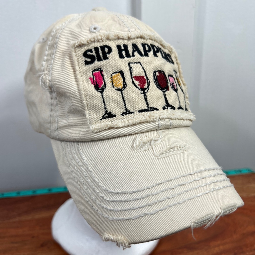 KBETHOS Vintage Sip Happens Wine Glass Distressed Baseball Cap Cream Tan Hat